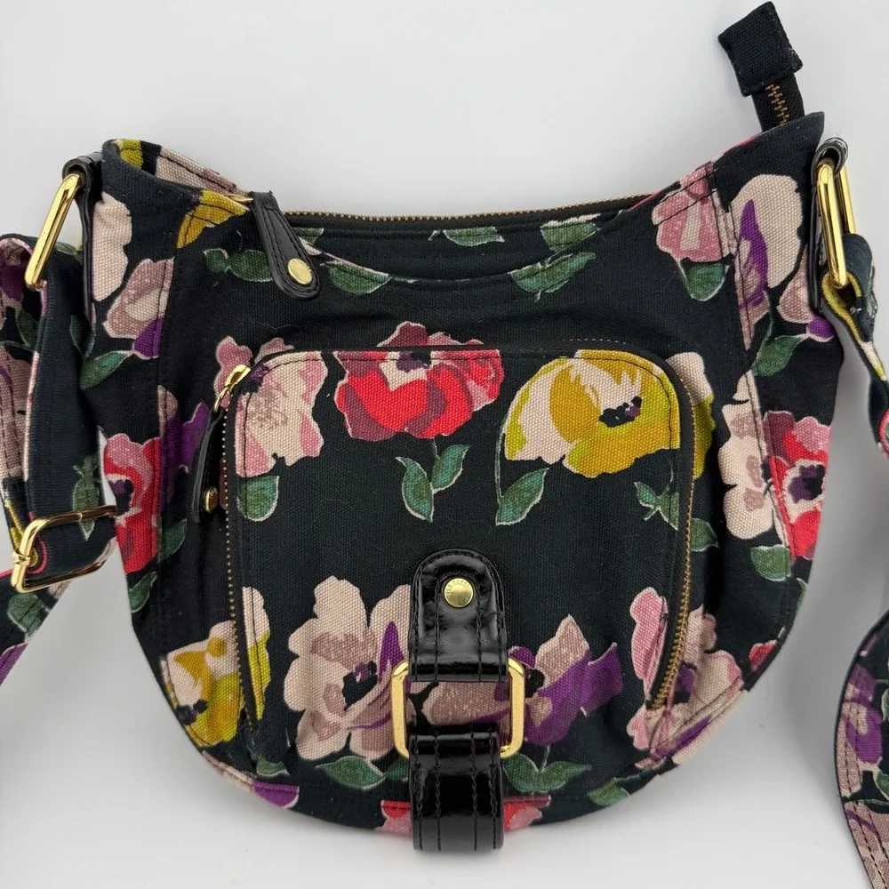 Ted‎ Baker Crossbody Bag Small Black Floral Excellent Canvas Gold Hardware